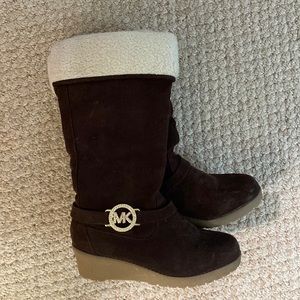 Michael Kors Brown Suede Kids Wedge Boots with Cream Faux Fur Cuff